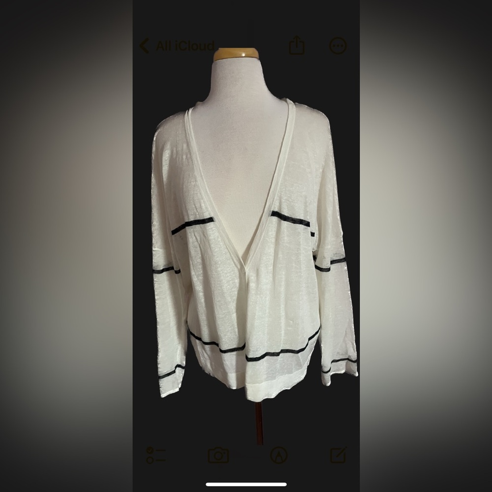 White Sheer Cardigan Sweater with Black Stripes